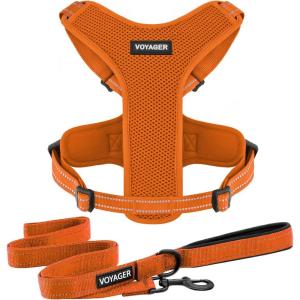 imageAir Frontier Mesh Dog Harness with and Reflective Dog Leash Set Reflective Stitching and Lightweight Breathable NoPull Design Adjustable Neck and Chest Straps for Small to Large Breeds  BUW MHarness Leash Set Orange Mesh