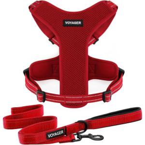 imageAir Frontier Mesh Dog Harness with and Reflective Dog Leash Set Reflective Stitching and Lightweight Breathable NoPull Design Adjustable Neck and Chest Straps for Small to Large Breeds  BUW MHarness Leash Set Red Mesh