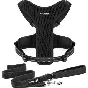 imageAir Frontier Mesh Dog Harness with and Reflective Dog Leash Set Reflective Stitching and Lightweight Breathable NoPull Design Adjustable Neck and Chest Straps for Small to Large Breeds  BUW MHarness Leash Set Black Mesh