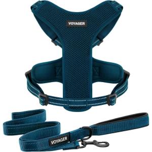 imageAir Frontier Mesh Dog Harness with and Reflective Dog Leash Set Reflective Stitching and Lightweight Breathable NoPull Design Adjustable Neck and Chest Straps for Small to Large Breeds  BUW MHarness Leash Set Blue Mesh