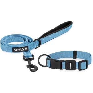 imageBest Pet Supplies Reflective Dog Collar with Adjustable Length HeavyDuty Buckle and Strong Leash DRing Training Walking Jogging Accessory for Small Medium and Large Breeds  Baby Blue MLeash Collar Set Baby Blue