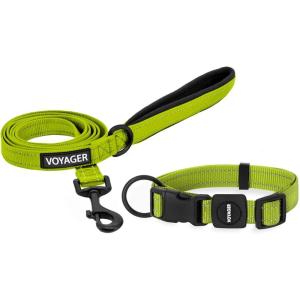 imageBest Pet Supplies Reflective Dog Collar with Adjustable Length HeavyDuty Buckle and Strong Leash DRing Training Walking Jogging Accessory for Small Medium and Large Breeds  Baby Blue MLeash Collar Set Lime Green