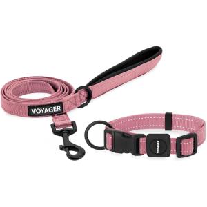 imageBest Pet Supplies Reflective Dog Collar with Adjustable Length HeavyDuty Buckle and Strong Leash DRing Training Walking Jogging Accessory for Small Medium and Large Breeds  Baby Blue MLeash Collar Set Pink