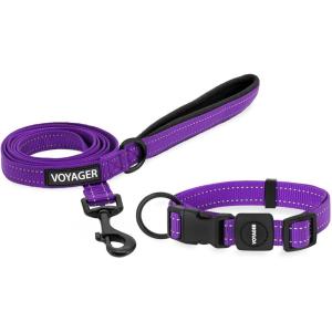 imageBest Pet Supplies Reflective Dog Collar with Adjustable Length HeavyDuty Buckle and Strong Leash DRing Training Walking Jogging Accessory for Small Medium and Large Breeds  Baby Blue MLeash Collar Set Purple