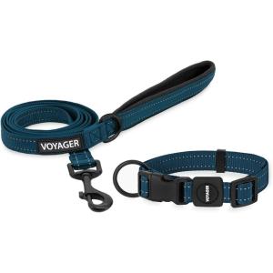 imageBest Pet Supplies Reflective Dog Collar with Adjustable Length HeavyDuty Buckle and Strong Leash DRing Training Walking Jogging Accessory for Small Medium and Large Breeds  Baby Blue MLeash Collar Set Blue