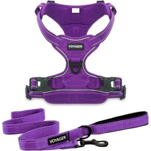 imageVoyager Dog Harness Dual Leash Attachment NoPull Control Adjustable Soft but Strong Pet Harness for Medium and Large Dogs with 3M Reflective Technology  Harness Leash Set Fuchsia MHarness Leash Set Purple Nylon