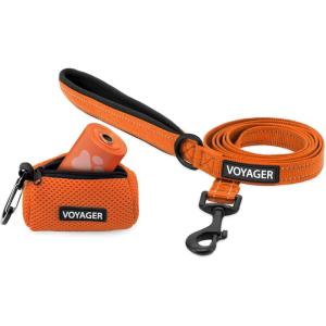 imageVoyager Reflective Dog Leash with Neoprene Handle 5 FT and Reusable Mesh Dispenser Poop Bag Holder Set for Travel Walking Park and Outdoor Use Soft and Durable with ClipOn  TurquoiseOrange