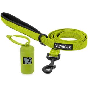 imageVoyager Reflective Dog Leash with Neoprene Handle 5 FT and Reusable Plastic Dispenser Poop Bag Holder Set for Walking and Outdoor Use Soft and Durable with ClipOn  Purple Purple DispenserLeash Dispenser Set Lime Green