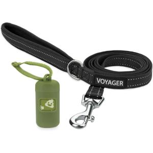 imageVoyager Reflective Dog Leash with Neoprene Handle 5 FT and Reusable Plastic Dispenser Poop Bag Holder Set for Walking and Outdoor Use Soft and Durable with ClipOn  Purple Purple DispenserLeash Dispenser Set Green