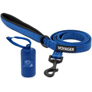 imageVoyager Reflective Dog Leash with Neoprene Handle 5 FT and Reusable Plastic Dispenser Poop Bag Holder Set for Walking and Outdoor Use Soft and Durable with ClipOn  Purple Purple DispenserLeash Dispenser Set Royal Blue