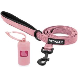 imageVoyager Reflective Dog Leash with Neoprene Handle 5 FT and Reusable Plastic Dispenser Poop Bag Holder Set for Walking and Outdoor Use Soft and Durable with ClipOn  Purple Purple DispenserLeash Dispenser Set Pink