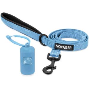 imageVoyager Reflective Dog Leash with Neoprene Handle 5 FT and Reusable Plastic Dispenser Poop Bag Holder Set for Walking and Outdoor Use Soft and Durable with ClipOn  Purple Purple DispenserLeash Dispenser Set Baby Blue