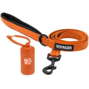 imageVoyager Reflective Dog Leash with Neoprene Handle 5 FT and Reusable Plastic Dispenser Poop Bag Holder Set for Walking and Outdoor Use Soft and Durable with ClipOn  Purple Purple DispenserLeash Dispenser Set Orange