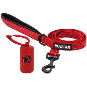 imageVoyager Reflective Dog Leash with Neoprene Handle 5 FT and Reusable Plastic Dispenser Poop Bag Holder Set for Walking and Outdoor Use Soft and Durable with ClipOn  Purple Purple DispenserLeash Dispenser Set Red
