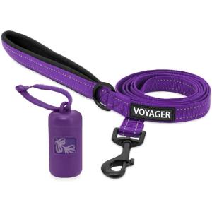 imageVoyager Reflective Dog Leash with Neoprene Handle 5 FT and Reusable Plastic Dispenser Poop Bag Holder Set for Walking and Outdoor Use Soft and Durable with ClipOn  Purple Purple DispenserLeash Dispenser Set Purple