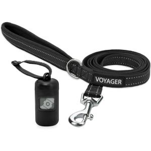 imageVoyager Reflective Dog Leash with Neoprene Handle 5 FT and Reusable Plastic Dispenser Poop Bag Holder Set for Walking and Outdoor Use Soft and Durable with ClipOn  Purple Purple DispenserLeash Dispenser Set Black
