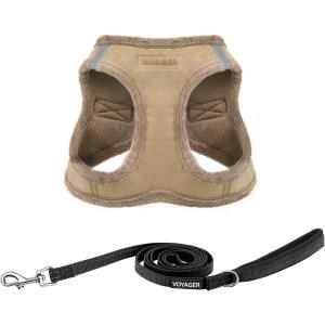 imageVoyager Stepin Plush Dog Harness  Soft Plush Step in Vest Harness and Reflective Dog 5 ft Leash Combo with Neoprene Handle for Small and Medium Dogs by Best Pet Supplies Set Black Plush SHarness Leash Set Latte Suede
