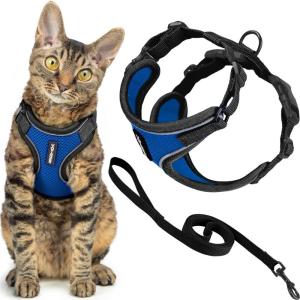 image:imageVoyager EscapeProof Stepin Lock Cat Harness amp 5ft NeopreneHandle Leash Set AllWeather Mesh with Reflective Stitching for Small to Large Cats by Best Pet Supplies Orange SBlack TrimRoyal Blue 327