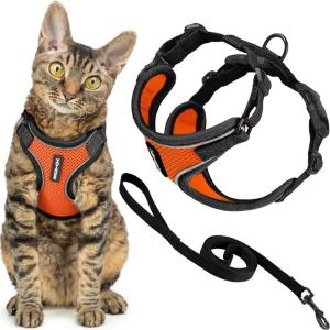 image:imageVoyager EscapeProof Stepin Lock Cat Harness amp 5ft NeopreneHandle Leash Set AllWeather Mesh with Reflective Stitching for Small to Large Cats by Best Pet Supplies Orange SBlack TrimOrange 327