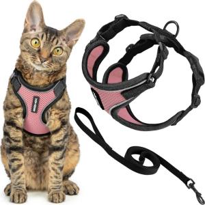 image:imageVoyager EscapeProof Stepin Lock Cat Harness amp 5ft NeopreneHandle Leash Set AllWeather Mesh with Reflective Stitching for Small to Large Cats by Best Pet Supplies Orange SBlack TrimPink 327